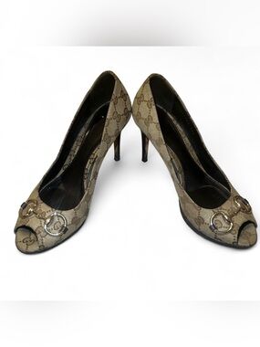 🔥Gucci Canvas Horsebit Peep-Toe Pumps🔥